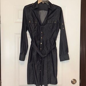 Express Button-Up Cotton Denim Shirt Dress Sz 10 Lightweight Belted Vintage